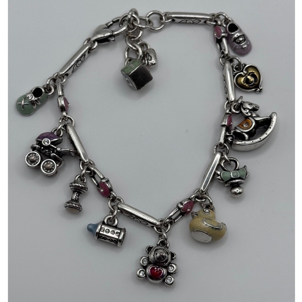 Brighton Baby Charm Bracelet Silver Tone Enamel Teddy Bear Rocking Horse